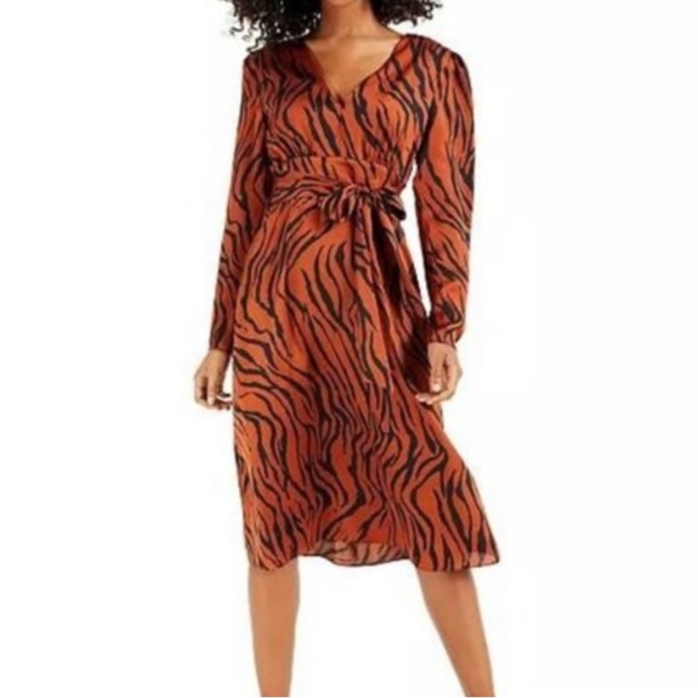 NWT Bar III - Animal Tiger Print Long Sleeve Midi Dress - Size XS - Picture 1 of 13